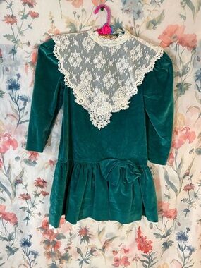 Vintage Emerald Green Velvet Dress with Lace Bib